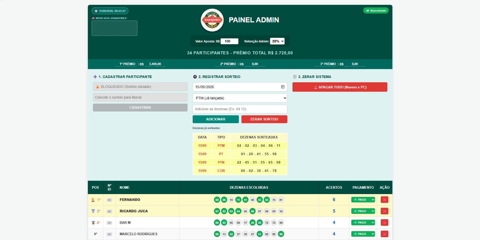 Painel administrativo do bolão: aviso aos jogadores, valor da aposta e percentual de retenção do administrador, cadastro de participantes, registro de sorteio por tipo e data, botão de zerar o sistema e tabela com controle de pagamento de cada jogador