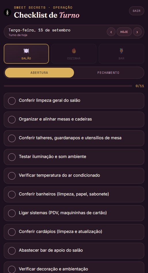 Checklist de turno do Sweet Secrets no celular: abas de salão, cozinha e bar, alternância entre abertura e fechamento, contador de progresso e a lista de itens da rotina, como conferir limpeza do salão, testar iluminação e som, e ligar os sistemas de PDV