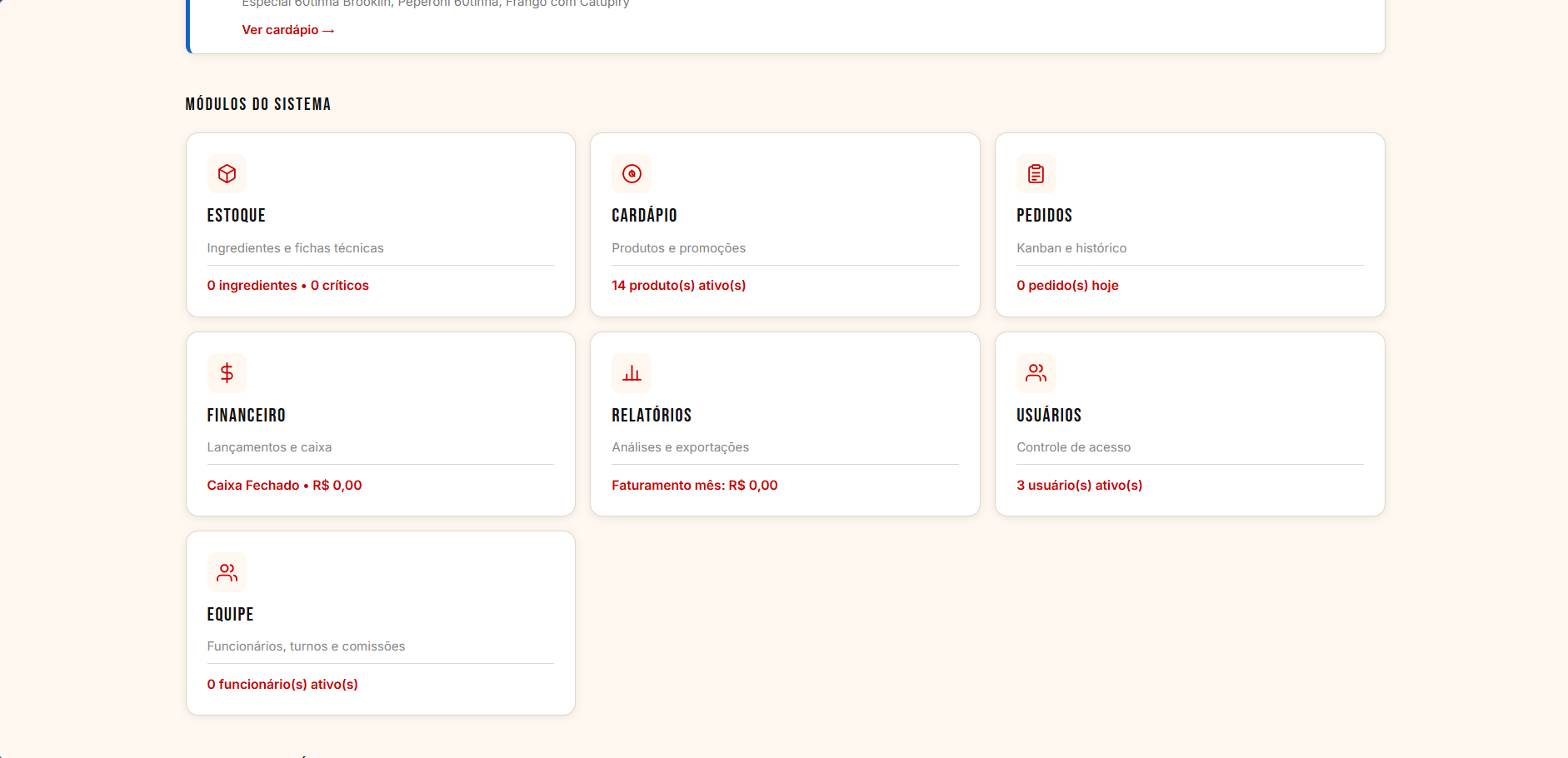 Painel do sistema de gestão para pizzaria com os sete módulos em cartões: estoque, cardápio, pedidos, financeiro, relatórios, usuários e equipe, cada um mostrando um resumo de status