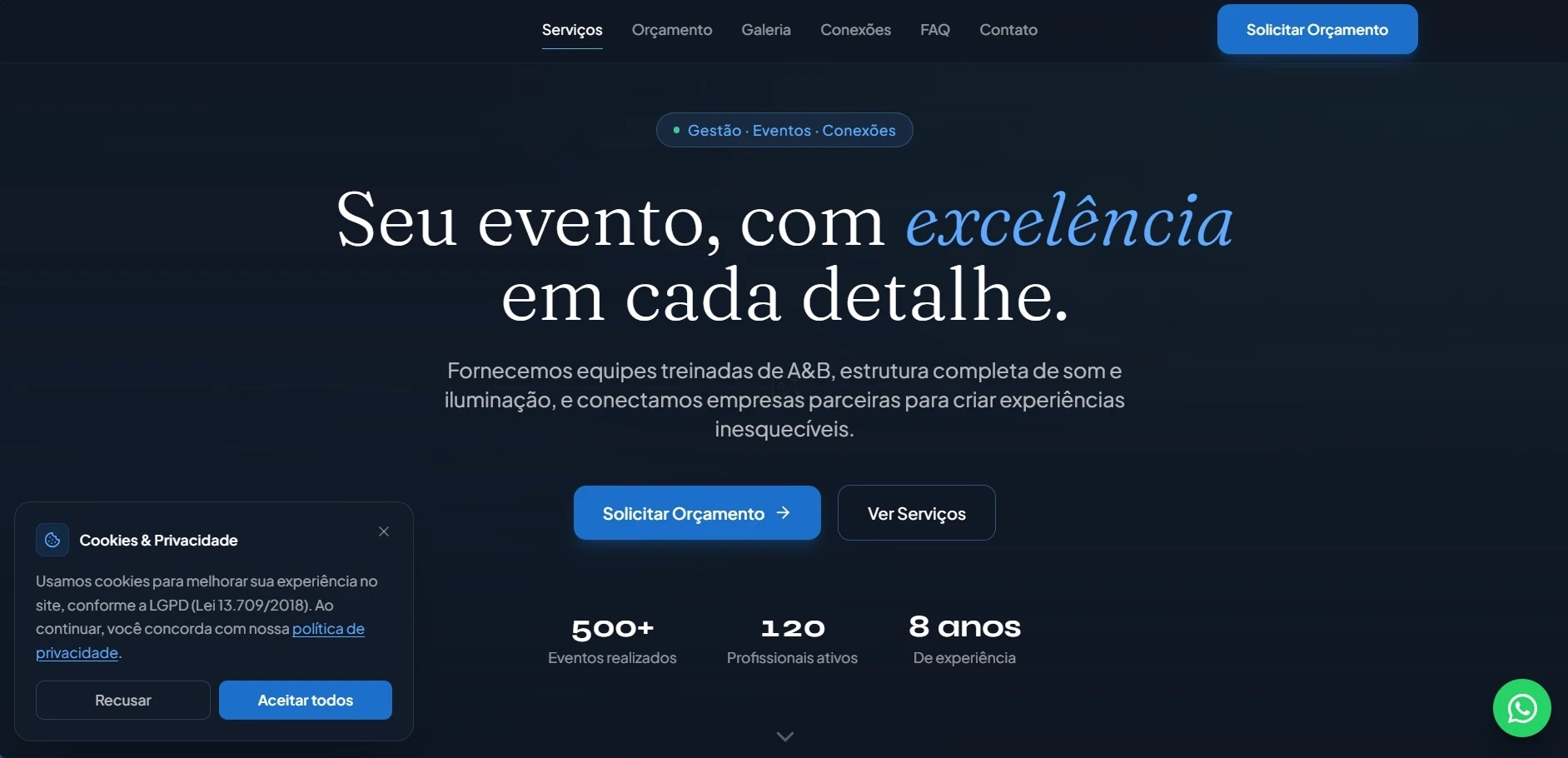 Home do site institucional de uma empresa de eventos: menu com serviços, orçamento e galeria, chamada principal, botões de solicitar orçamento e ver serviços, e contadores de eventos realizados, profissionais ativos e anos de experiência
